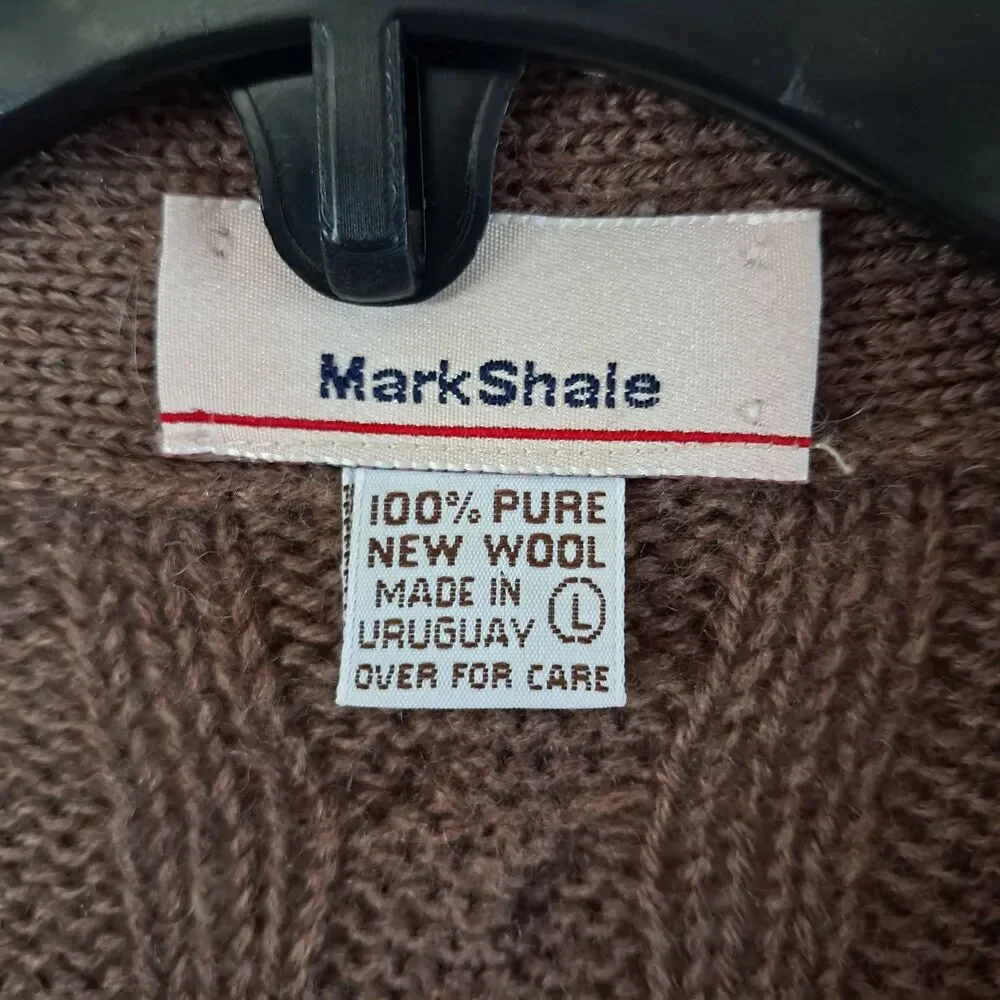 Vintage Mark Shale 100% Wool Brown Cableknit Cardigan Vest Sweater Brown Mens L